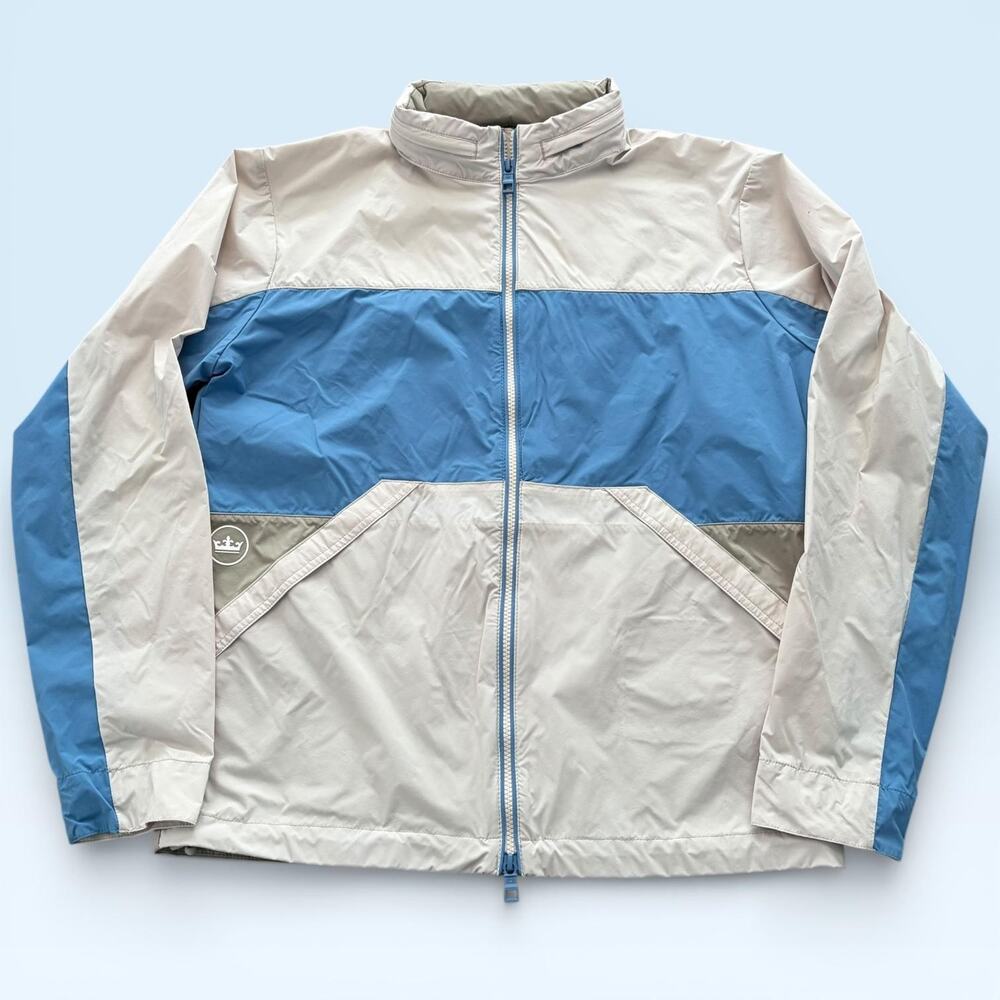 Peter Millar Jacket Mens Medium Beige Blue Colorblock Full Zip Windbreaker Golf
